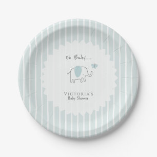 Minimalist Dusty Blue Oh Baby Elephant Baby Shower Paper Plate