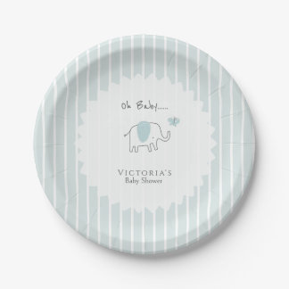 Minimalist Dusty Blue Oh Baby Elephant Baby Shower Paper Plate