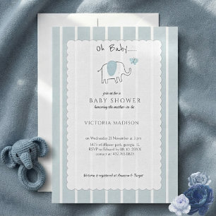 Minimalist Dusty Blue Oh Baby Elephant Sketch Invitation