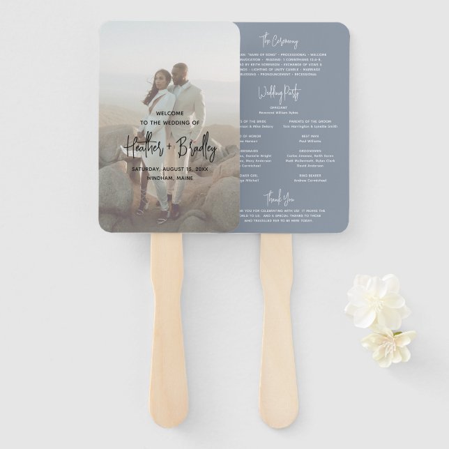 Minimalist Dusty Blue Photo Modern Wedding Program Hand Fan (Front and Back)
