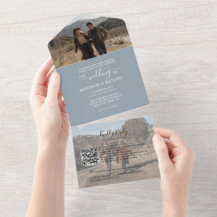 Minimalist Dusty Blue QR Code RSVP Wedding All In One Invitation