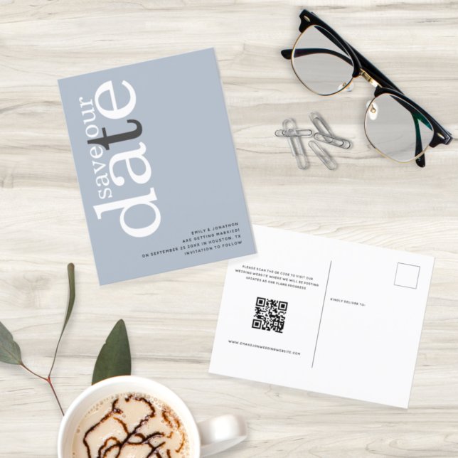 Minimalist Dusty Blue QR Code Text Save The Date   Postcard (Creator Uploaded)