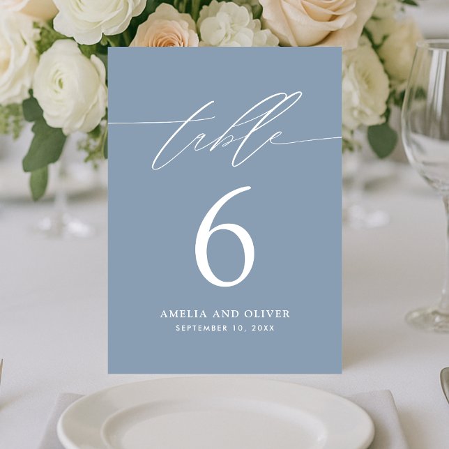 Minimalist Dusty Blue Script Table Number Card (Creator Uploaded)