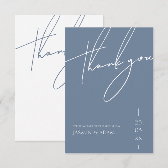 Minimalist Dusty Blue Script Typography Wedding Thank You Card (Front/Back)