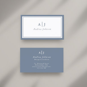 Minimalist Dusty Blue Two Border Monogram Business Card