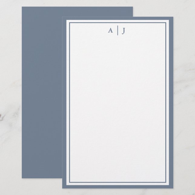 Minimalist Dusty Blue Two Border Monogram Stationery (Front/Back)