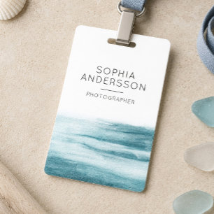 Minimalist Dusty Blue Watercolor Ocean Name Badge