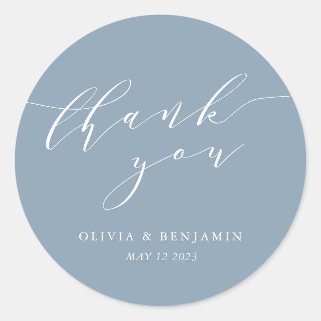 Minimalist Dusty Blue Wedding Couple Thank You Classic Round Sticker (Front)