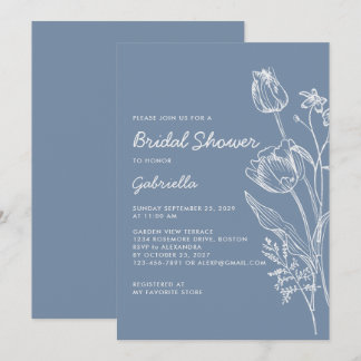 Minimalist Dusty Blue White Bridal Shower  Invitation