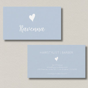 Minimalist Dusty Blue White Heart Barber Name Business Card