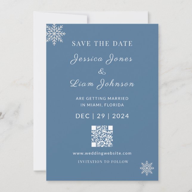 Minimalist Dusty Blue White Winter WeddingQR Code Save The Date (Front)