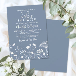 Minimalist Dusty Blue Wildflower Baby Shower Invitation