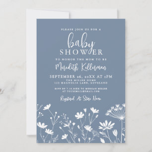 Minimalist Dusty Blue Wildflower Baby Shower Invitation
