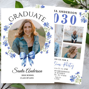 Minimalist Dusty Blue Wildflower Graduation Party  Invitation