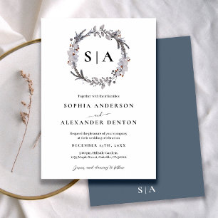 Minimalist Dusty Blue Winter Wreath  Invitation