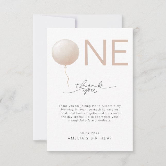 Minimalist Dusty Peach Modern First Birthday Thank You Card (Front)