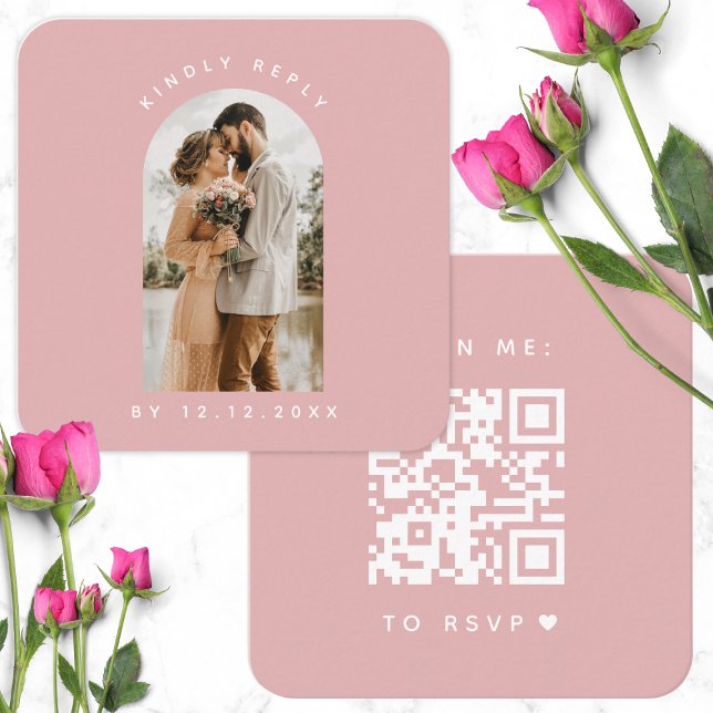 Minimalist Dusty Pink Arch Photo Qr Code RSVP Chic Enclosure Card (Creator Uploaded)