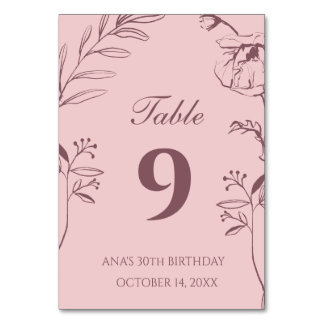 Minimalist Dusty Pink Floral 30th Birthday Table Number