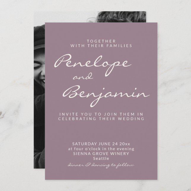 Minimalist Dusty Purple Script Wedding Photo Invitation (Front/Back)