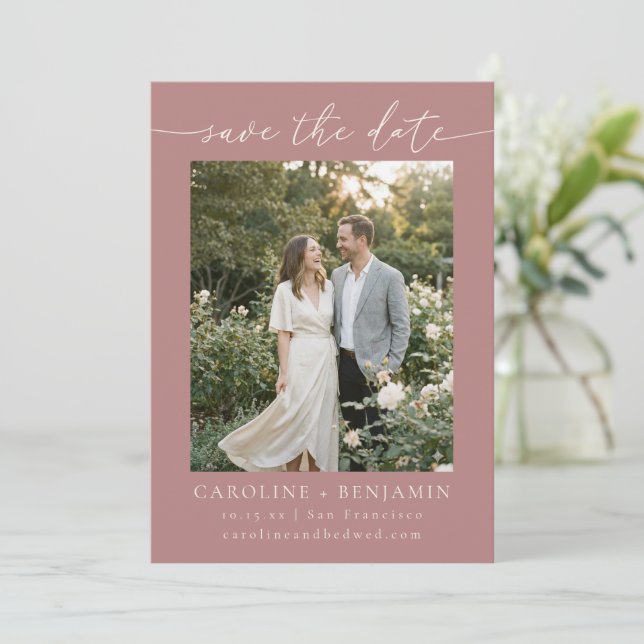 Minimalist Dusty Rose Script Photo Wedding  Save The Date (Standing Front)