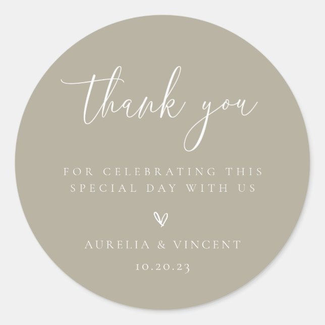 Minimalist Dusty Sage Green Wedding Thank You Classic Round Sticker (Front)