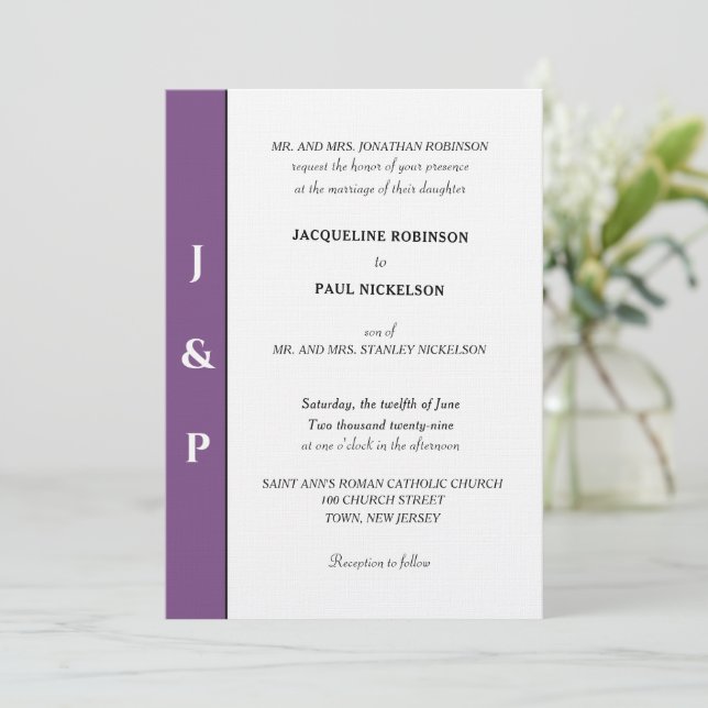 Minimalist Dusty Violet White Monogram  Invitation (Standing Front)