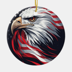 Minimalist Eagle with Flag – Modern Patriotic Art Ceramic Ornament