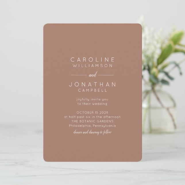 Minimalist Earth Tone Boho Mocha Brown Wedding  Invitation (Standing Front)