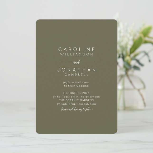 Minimalist Earth Tone Boho Olive Green Wedding  Invitation (Standing Front)