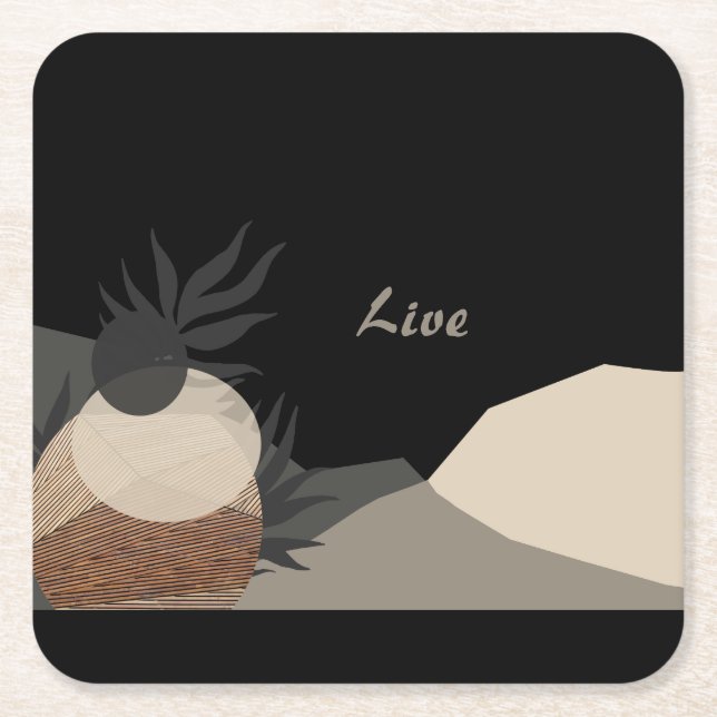 Minimalist Earth Tones Boho "Live"  Square Paper Coaster (Front)