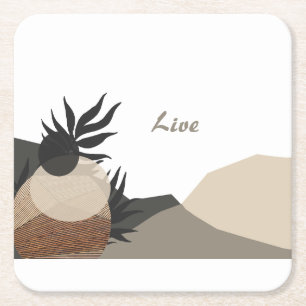 Minimalist Earth Tones Boho "Live"  Square Paper Coaster