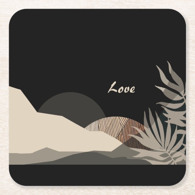 Minimalist Earth Tones Boho "Love"  Square Paper Coaster (Front)