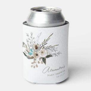 Minimalist Earthy Blue Botanical Baby Shower Can Cooler