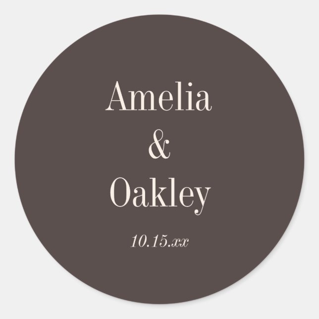 Minimalist Earthy Brown Elegant Wedding Custom Classic Round Sticker (Front)