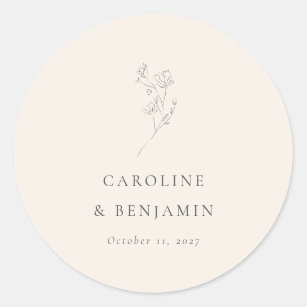 Minimalist Ecru Floral Line Art Wedding Custom Classic Round Sticker