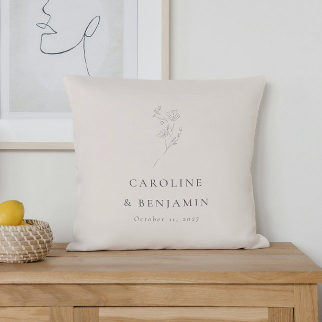 Minimalist Ecru Floral Line Art Wedding Custom Throw Pillow (Creator Uploaded)