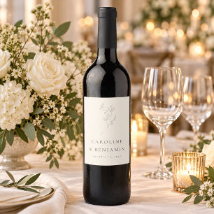 Minimalist Ecru Floral Line Art Wedding Custom Wine Label