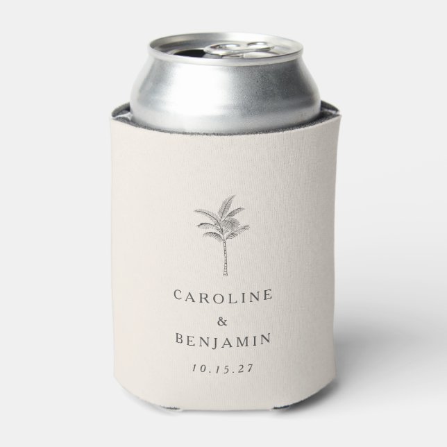 Minimalist Ecru Palm Tree Line Art Custom Wedding Can Cooler (Can Front)