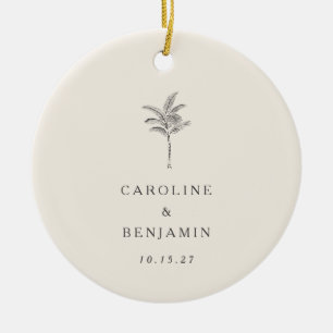 Minimalist Ecru Palm Tree Line Art Custom Wedding Ceramic Ornament