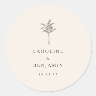 Minimalist Ecru Palm Tree Line Art Custom Wedding Classic Round Sticker