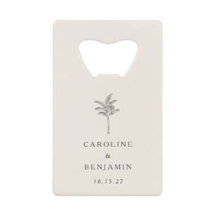 Minimalist Ecru Palm Tree Line Art Custom Wedding Credit Card Bottle Opener