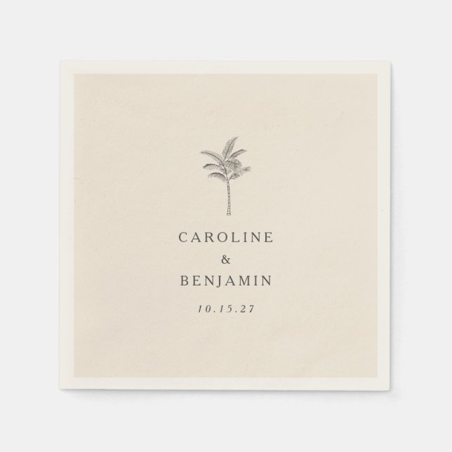 Minimalist Ecru Palm Tree Line Art Custom Wedding Napkin (Front)