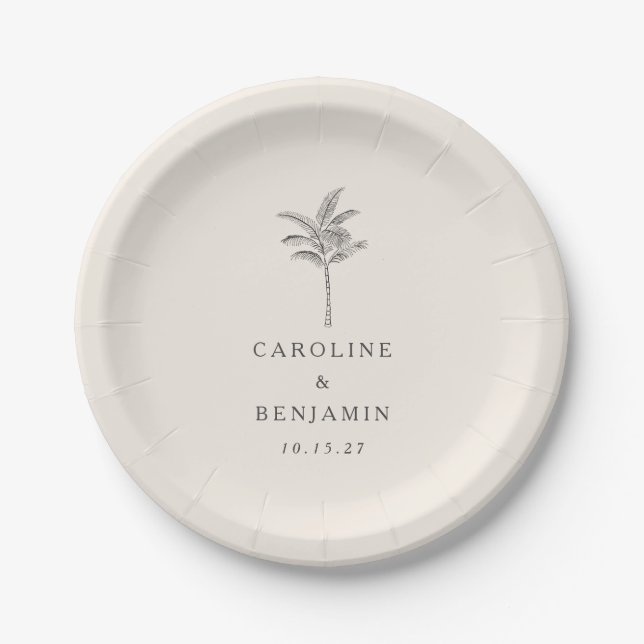 Minimalist Ecru Palm Tree Line Art Custom Wedding Paper Plate (Front)