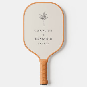 Minimalist Ecru Palm Tree Line Art Custom Wedding Pickleball Paddle