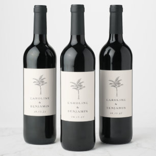 Minimalist Ecru Palm Tree Line Art Custom Wedding Wine Label