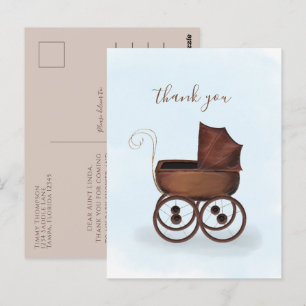 Minimalist Elegant Baby Thank You Carriage Blue Postcard