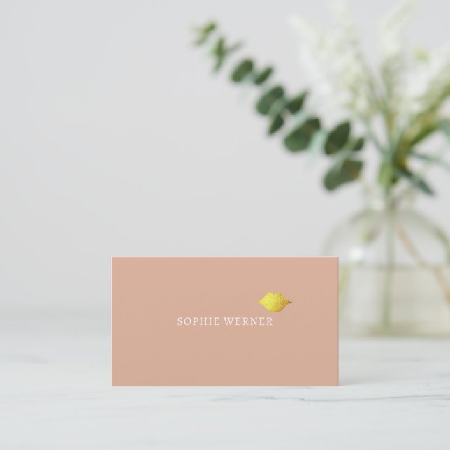 Minimalist Elegant Beauty Gold Lips Dusty Rose Business Card (Standing Front)