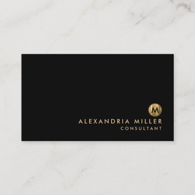 Minimalist Elegant Black Gold Monogram Business Card (Front)
