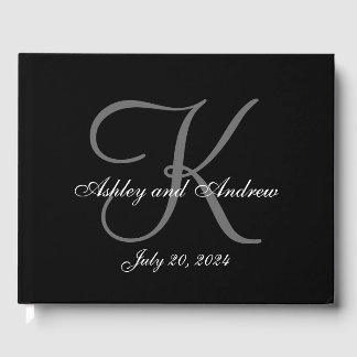 Minimalist Elegant Black Grey Monogram Wedding Guest Book