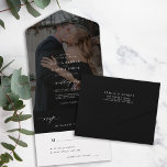 Minimalist elegant black photo wedding  all in one invitation<br><div class="desc">Modern simple minimal typography all in one invite and rsvp wedding seal and send black invitation template featuring a chic trendy elegant calligraphy script.              Easy to personalize with your photo and details on both sides! The invitation is suitable for classic formal stylish weddings.</div>